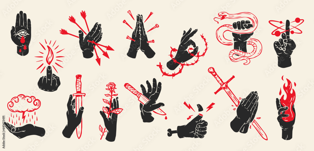 Set hand draw composition with silhouettes hand and red elements in vintage retro style. Design concept art for old school tattoo, banner, sticker. Vector fashion cartoon illustration.