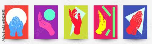 Abstract minimal composition with bright geometric shapes and human hand in modern fashion flat style. Set vivid template for cover, banner, flyer, poster. Collection vector illustration.