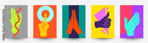 Abstract minimal composition with bright geometric shapes and human hand in modern fashion flat style. Set vivid template for cover, banner, flyer, poster. Collection vector illustration.