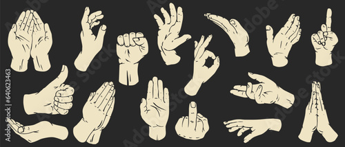 Hand drawn silhouettes hands in retro monochrome style. Set different gestures isolated on black background. Batch flat design concept. Modern vector retro illustrations with arm.