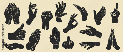 Hand drawn silhouettes hands in retro monochrome style. Set different gestures isolated on white background. Batch flat design concept. Modern vector retro illustrations with arm. © vvvisual
