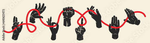 Abstract art composition with various people hands and single red curved line in flat minimal style isolated on white background. Creative hand drawn vector illustration.