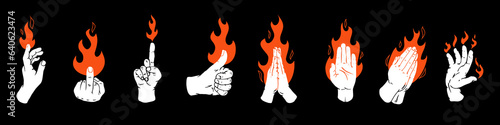 Set fire or flame with silhouettes people hands in retro flat style. Collection different vector illustration for tattoo, print. Various vintage color art composition. © vvvisual