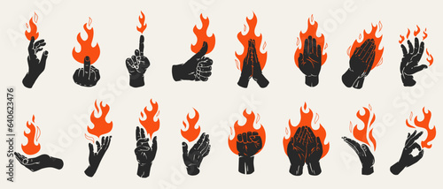 Set human hands with fire or flame in retro flat style. Collection different vector illustration for tattoo, print. Various vintage color art composition. © vvvisual