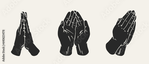 Set monochrome praying hands in simple draw style. Collection various gestures isolated on white background. Vector illustration.