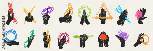 Set art composition with abstract cute curly doodle or strokes and silhouettes various hands in creative minimal flat style. Collection design elements. Vector illustration.