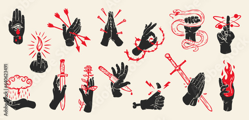 Set hand draw composition with silhouettes hand and red elements in vintage retro style. Design concept art for old school tattoo, banner, sticker. Vector fashion cartoon illustration. © vvvisual