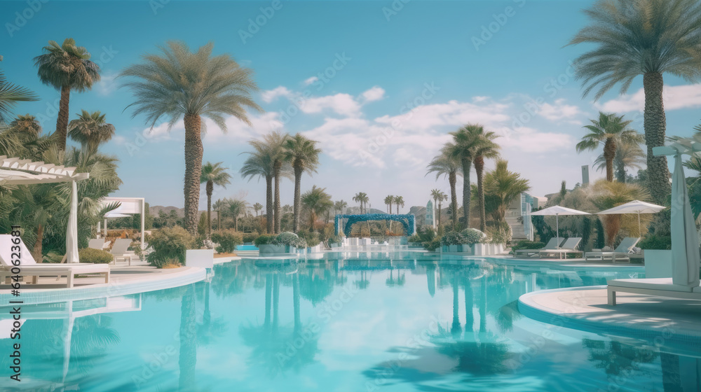 The beach resort's swimming pool surrounded by lounge chairs, elegant parasols, swaying palm trees and clear blue skies