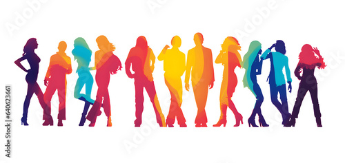 A group of retro 70s disco dancer colourful silhouettes in groovy poses