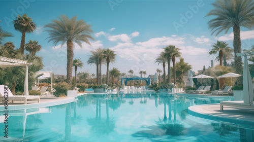 The beach resort s swimming pool surrounded by lounge chairs  elegant parasols  swaying palm trees and clear blue skies