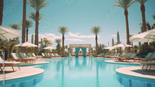 The beach resort's swimming pool surrounded by lounge chairs, elegant parasols, swaying palm trees and clear blue skies