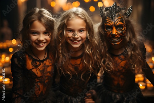 Halloween Enchantment: Kids with Makeup and Face Painting Embracing the Spooky Spirit