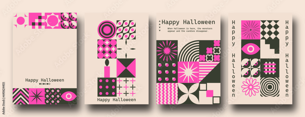 Vector set of Bauhaus Inspired Halloween posters. Geometric minimalist modern brutalist bold shapes and primitive swiss blocks style. Trendy groovy hippie retro Y2k aesthetic.