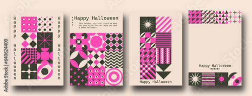 Vector set of Bauhaus Inspired Halloween posters. Geometric minimalist modern brutalist bold shapes and primitive swiss blocks style. Trendy groovy hippie retro Y2k aesthetic.