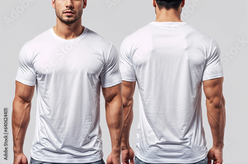 Split View: Muscular Man Showcases White T-Shirt's Front and Back