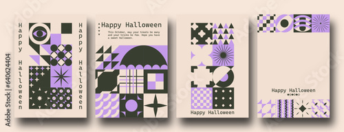 Vector set of Bauhaus Inspired Halloween posters. Geometric minimalist modern brutalist bold shapes and primitive swiss blocks style. Trendy groovy hippie retro Y2k aesthetic.