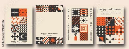 Vector set of Bauhaus Inspired Halloween posters. Geometric minimalist modern brutalist bold shapes and primitive swiss blocks style. Trendy groovy hippie retro Y2k aesthetic.