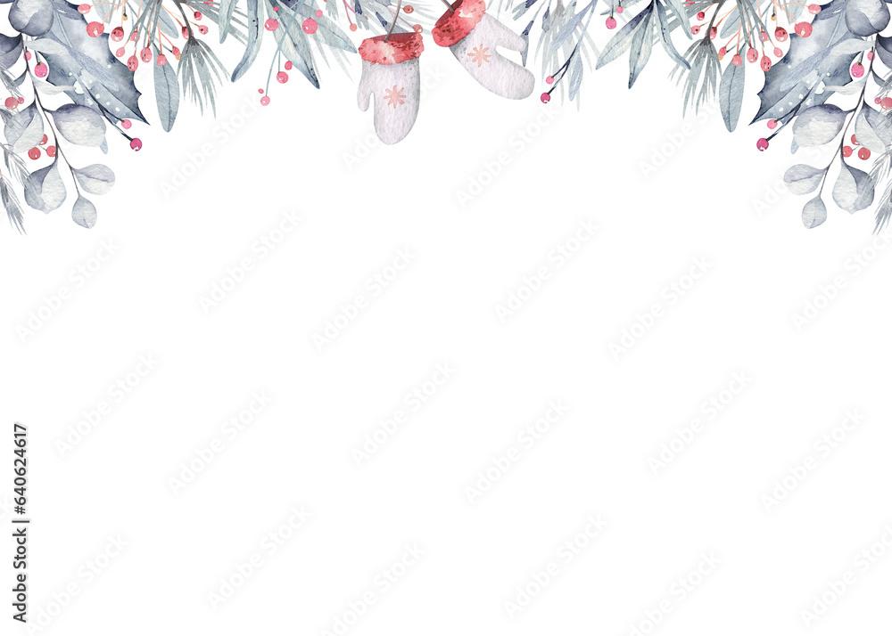 Watercolor new year winter background with plants, branches, berries, eucalyptus and splashes. Christmas pre-made scene with flowers frame. Party invitation Watercolor new year winter background with plants, branches, berries, eucalyptus and splashes. Christmas pre-made scene with flowers frame. Party invitation