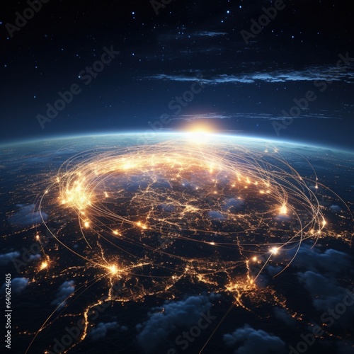 Network of connections over the planet Earth in space. 3D rendering. 