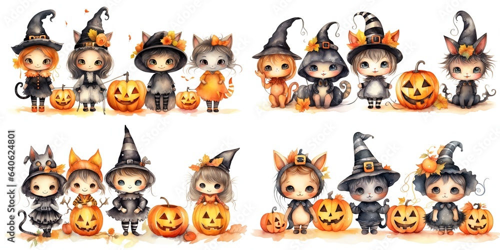 watercolor illustration Halloween witch, pumpkins and creepy things in cute cartoon style isolated on white background, children art style design, Generative Ai