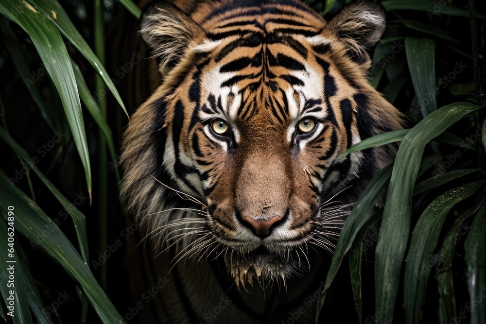 Fototapeta premium Portrait of Sumatran tiger in a jungle (Panthera tigris sumatrae)