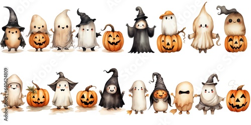 watercolor illustration Halloween creepy monster things in cute cartoon style isolated on white background, children art style design, Generative Ai photo