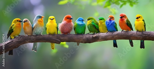Foto Tropical birds sitting on a tree branch in the rainforest