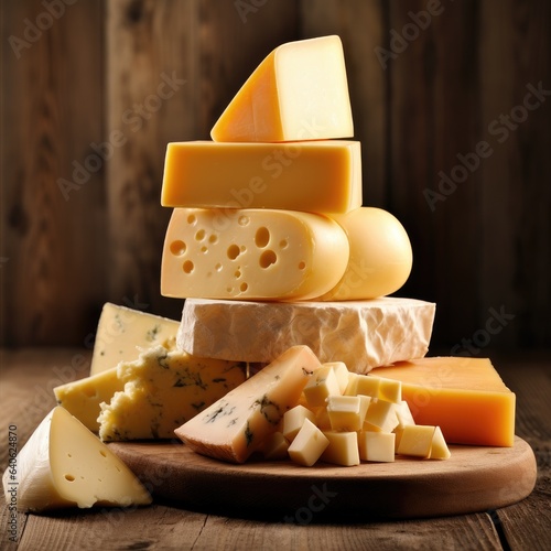 Various types of cheese on rustic wooden table photo