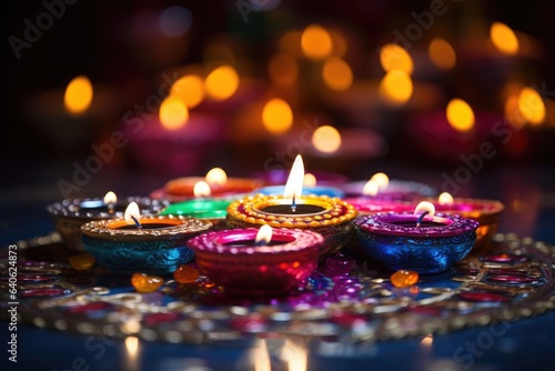 Happy Diwali. Clay Diya lamps during Diwali celebration. © Lubos Chlubny