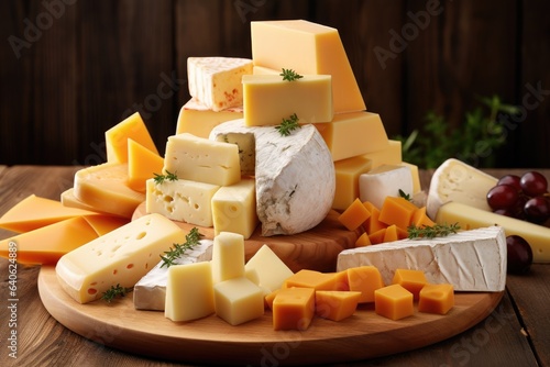 Various types of cheese on rustic wooden table