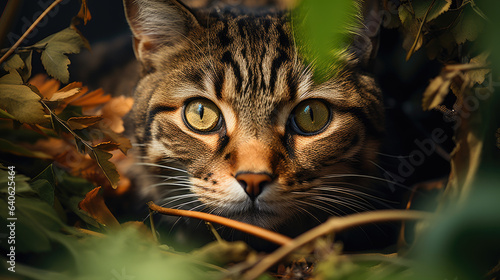 A wild cat lurking in the leaves in the jungle showing the face with emphasize on the eyes. Dramatic feeling. Concept design for themes like wildlife, wilderness, danger, power and more. © Matthew