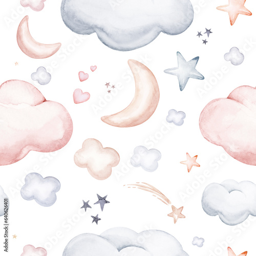 Seamless pattern with blue clouds, gold stars and moons. Watercolor hand drawn kids illustration. white isolated nursery background