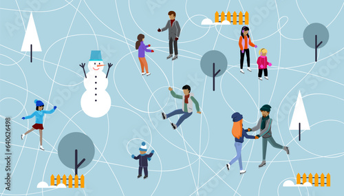 Winter ice staking rink sports young happy people family activity. Mom dad son boy girl skaters fir tree. Friends at ice-skating outdoor rink merry christmas new year winter holidays concept