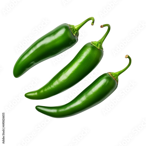 Three green hot natural chili pepper realistic image isolated on a white background, close-up