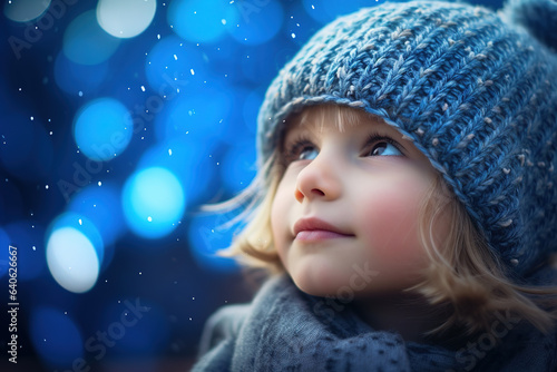 Wallpaper Mural young child wearing woolen hat with blue glitter glow bokeh Torontodigital.ca