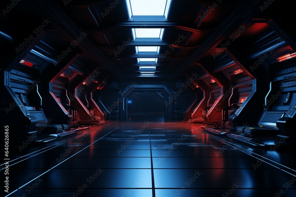 Dark space, bright future Modern sci fi room in 3D, an empty backdrop