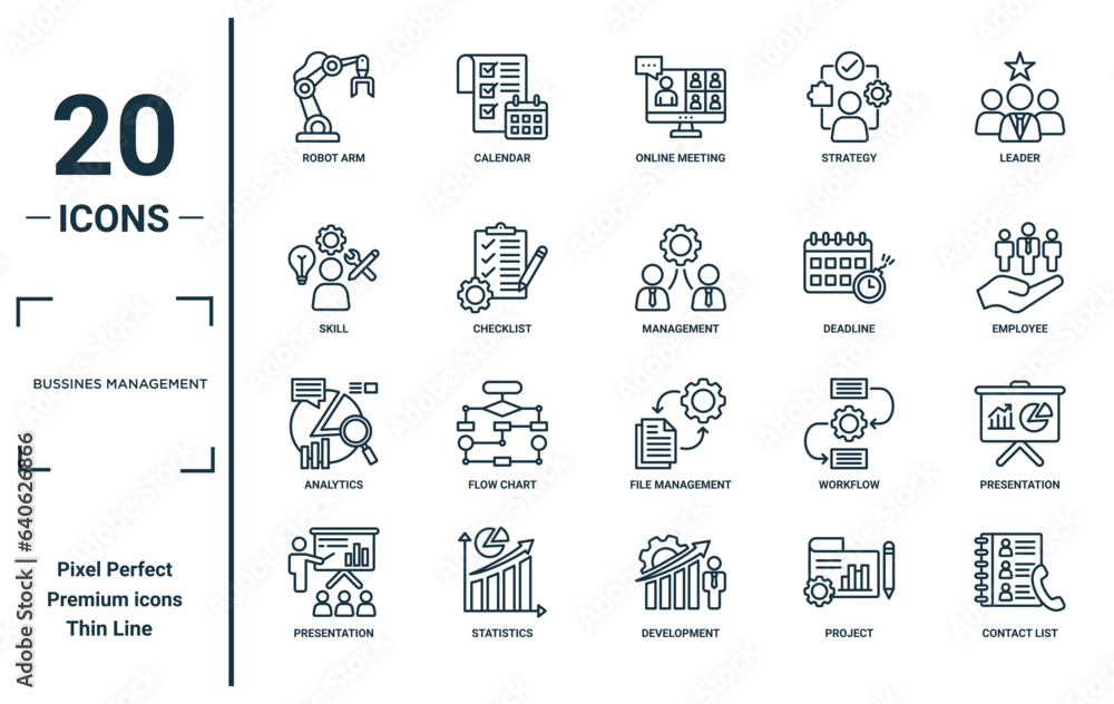 bussines management linear icon set. includes thin line robot arm ...