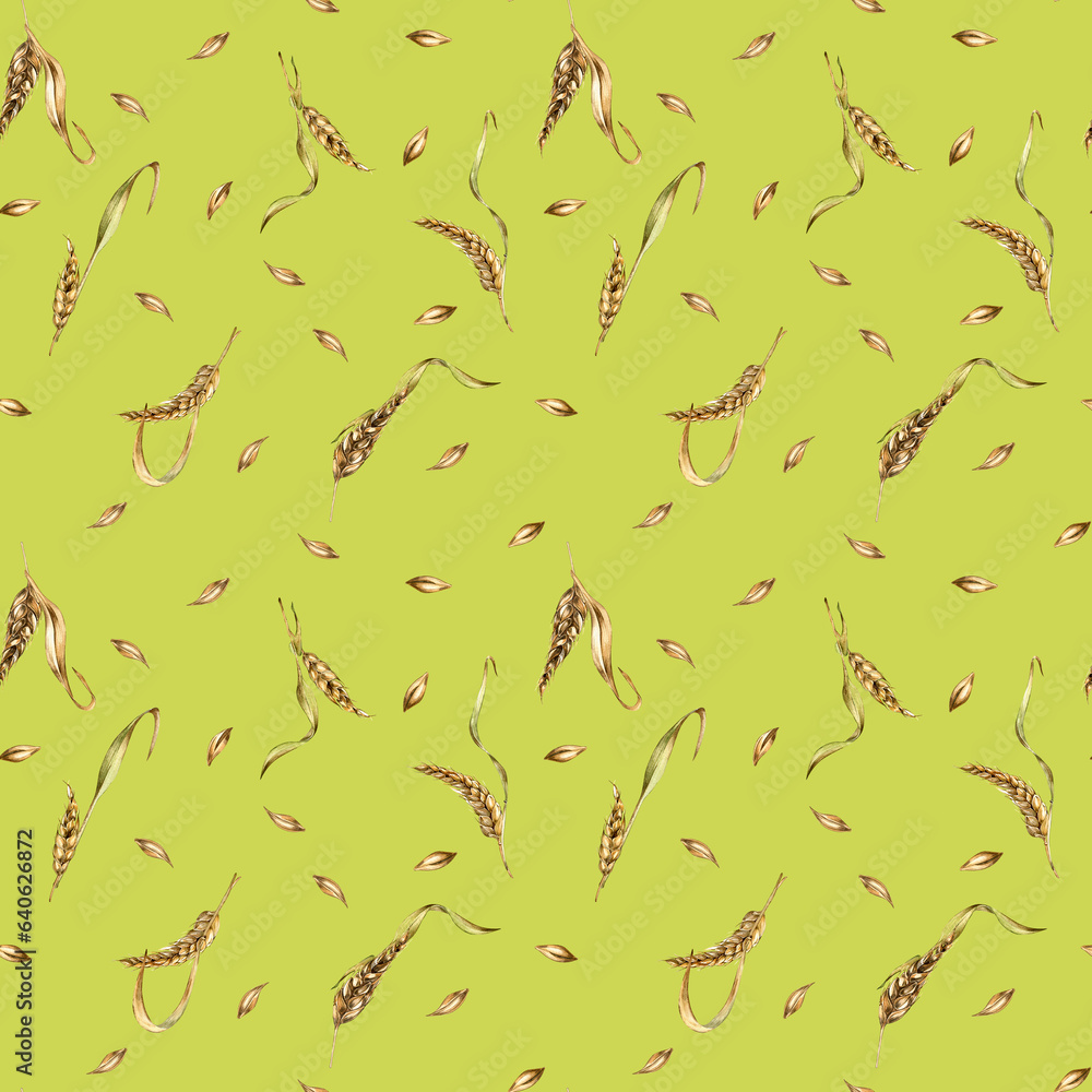 Fototapeta premium Wheat ear, barley watercolor seamless pattern on green background. Spikelet of rye, malt stalk hand drawn. Design element for textile, wrapping, packaging, label grocery, bakery, paper
