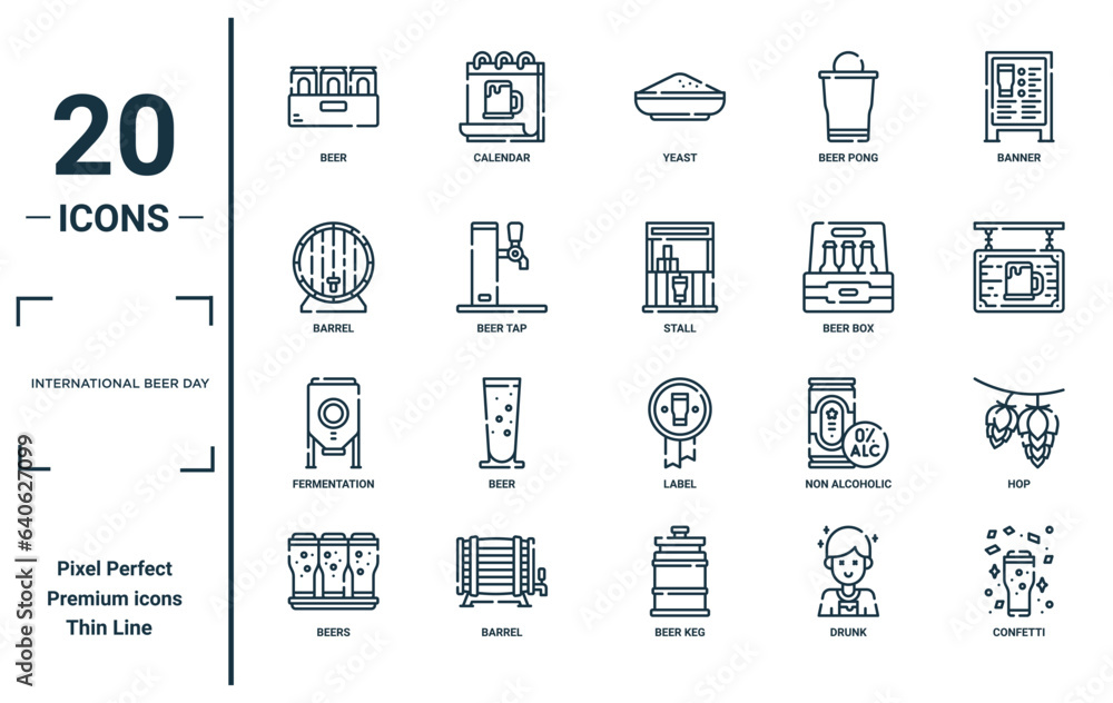 international beer day linear icon set. includes thin line beer, barrel ...