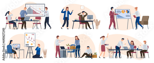 Financial crisis, business failure, economy crash, bankruptcy unpaid loan debt. Down arrow, negative chart, man upset about losing profits. Global economic money problem, depressed entrepreneur