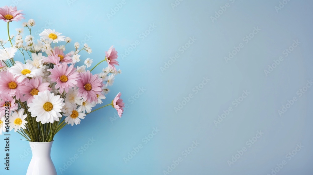 A fresh bouquet of wildflowers with a simple light green pastel background and space for text, leaving ample space for your custom text. AI generated.