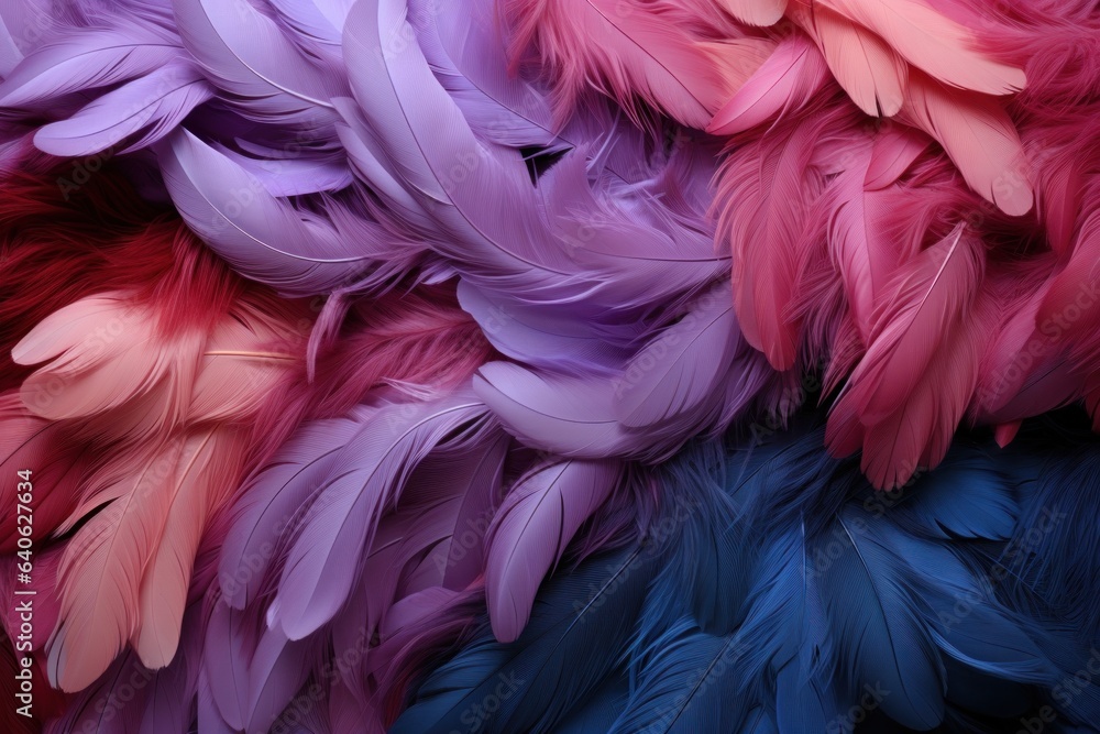 Multicolored feathers background. Close-up of colorful feathers. 