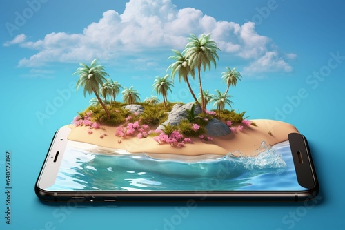 Isometric oasis 3D palm lined beach, smartphone, and tranquil cross section ocean © Muhammad Shoaib
