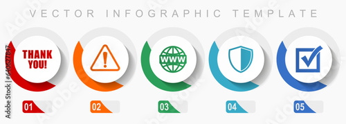 Internet icon set, miscellaneous icons such as thank you, warning, www, shield and vote, flat design vector infographic template, web buttons in 5 color options