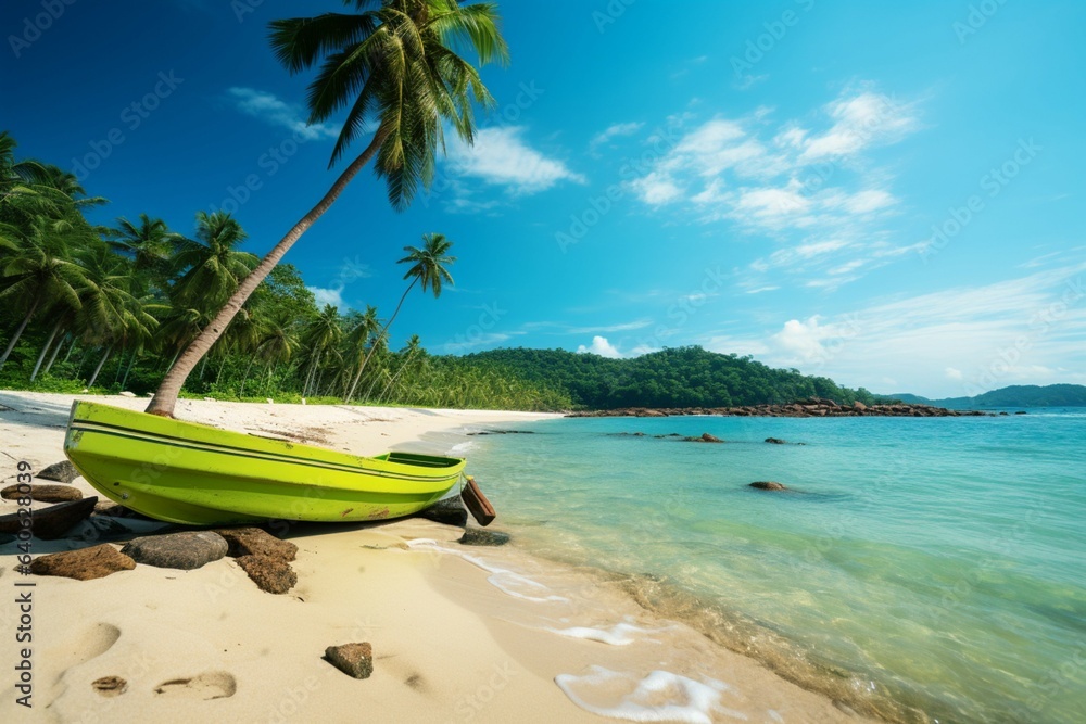 Nature's allure Stunning beach, turquoise sea, coconut palm   a tropical island paradise