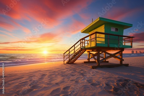 Miami's morning glow Lifeguard tower on South Beach's coastline under vibrant sunrise © Muhammad Shoaib