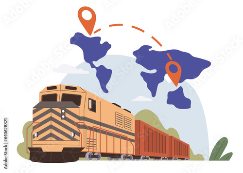 International logistic. Global delivery export by train. Vector. Cargo delivery tracking is modern global logistic operations Export and import shipping industries contribute to robust international