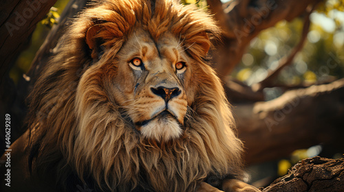 Beautiful large African Lion laying down with trees in the background.