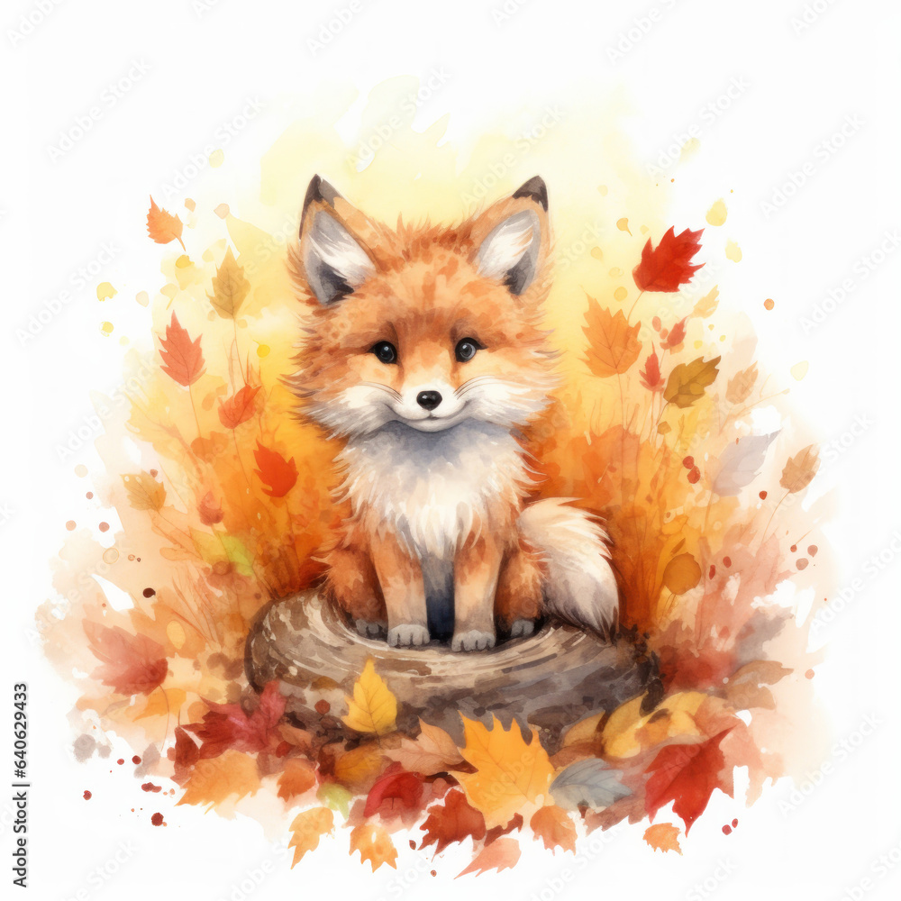 Obraz premium Herbstlicher Charme: Wasserfarbenzeichnung eines niedlichen Fuchswelpen im goldenen Laub, Generative AI
