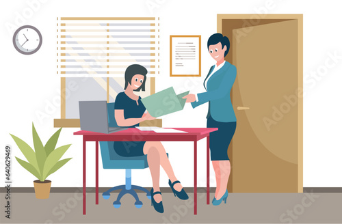 Office workers. Vector illustration. A business person builds strong relationships with clients and partners The office workplace encourages open communication and idesharing Teamwork enhances